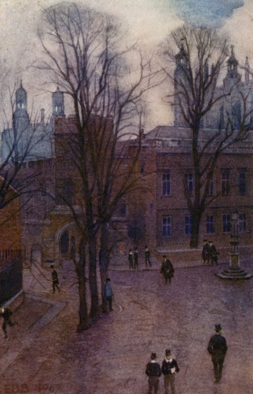 Eton: Yläkoulu ja pitkä kävelymatka Common Lane Housesta (väri litho) tekijältä E. D. Brinton