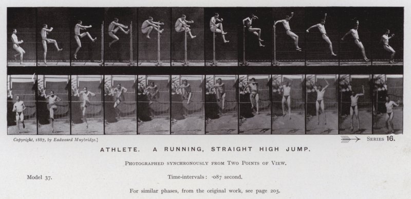 Ihmishahmo liikkeessä: urheilija, juokseva, suora korkeushyppy (m/v kuva) tekijältä Eadweard Muybridge