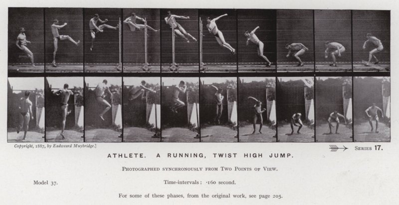 Ihmishahmo liikkeessä: urheilija, juokseva, kierretty korkeushyppy (m/v kuva) tekijältä Eadweard Muybridge