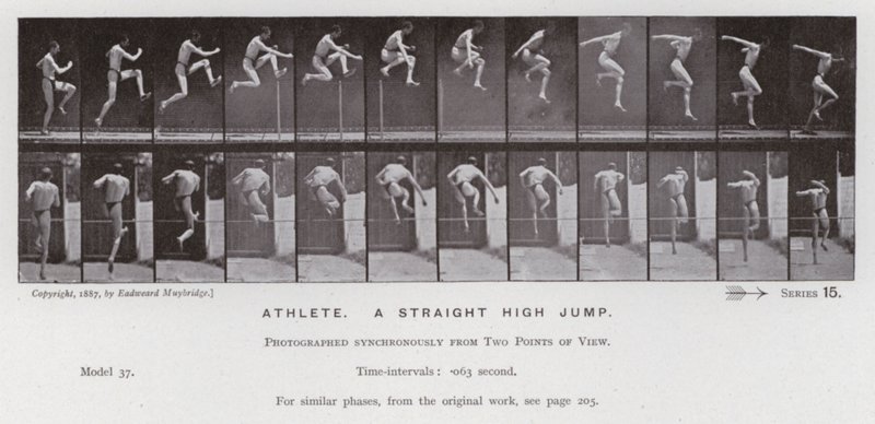 Ihmishahmo liikkeessä: Urheilija, suora korkeushyppy (m/v kuva) tekijältä Eadweard Muybridge