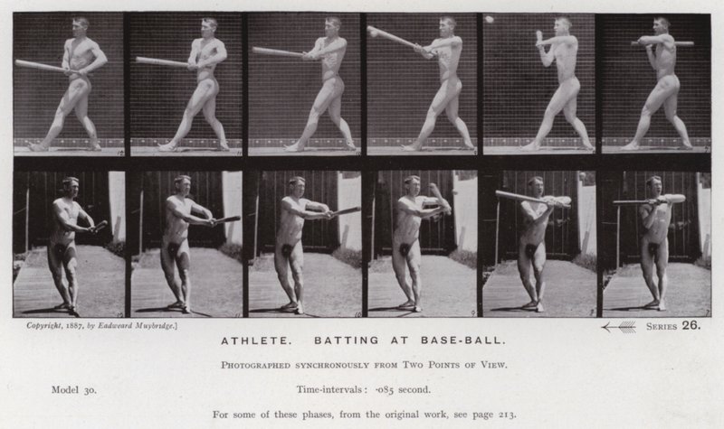 Ihmishahmo liikkeessä: Atleettinen, lyö pesäpalloa (m/v kuva) tekijältä Eadweard Muybridge