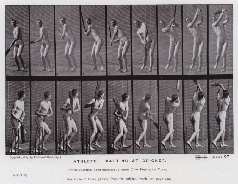 Ihmishahmo liikkeessä: urheilija lyömässä krikettiä (m/w kuva) tekijältä Eadweard Muybridge