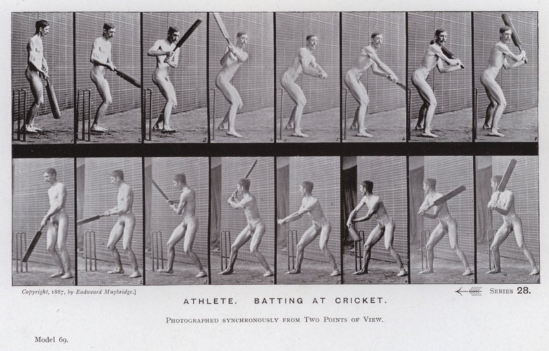 Ihmishahmo liikkeessä: urheilija lyömässä krikettiä (m/w kuva) tekijältä Eadweard Muybridge