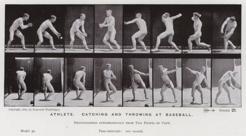 Ihmishahmo liikkeessä: urheilija, nappaa ja heittää pesäpalloa (m/w kuva) tekijältä Eadweard Muybridge