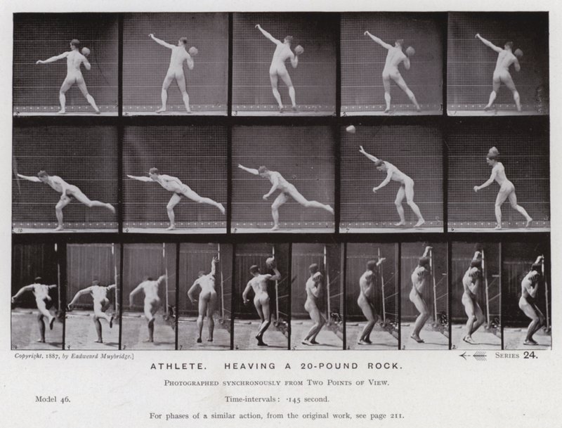 Ihmishahmo liikkeessä: urheilija, heiluttelee 20 kiloa painavaa kiveä (m/v kuva) tekijältä Eadweard Muybridge
