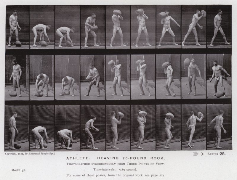 Ihmishahmo liikkeessä: Urheilija, heiluttelee 75 kiloa painavaa kiveä tekijältä Eadweard Muybridge