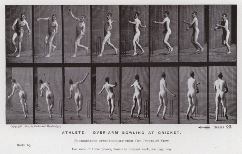Ihmishahmo liikkeessä: urheilija, keilailu kriketissä (m/v kuva) tekijältä Eadweard Muybridge