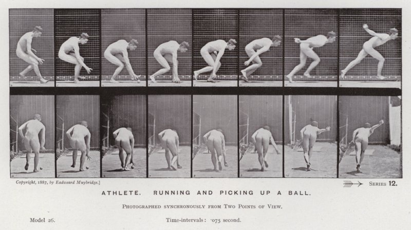 Ihmishahmo liikkeessä: urheilija, juoksemassa ja poimimassa palloa (m/w kuva) tekijältä Eadweard Muybridge
