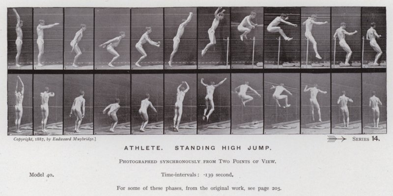 Ihmishahmo liikkeessä: Urheilija, seisova korkeushyppy tekijältä Eadweard Muybridge