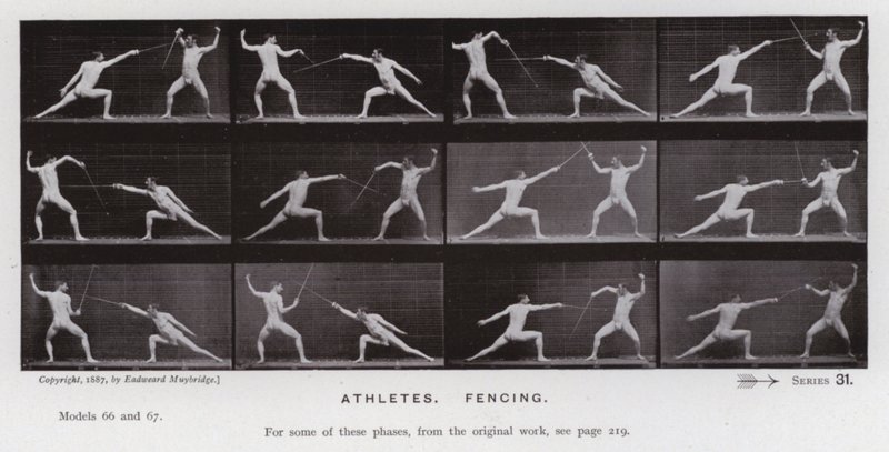 Ihmishahmo liikkeessä: urheilijat, miekkailu (m/v kuva) tekijältä Eadweard Muybridge
