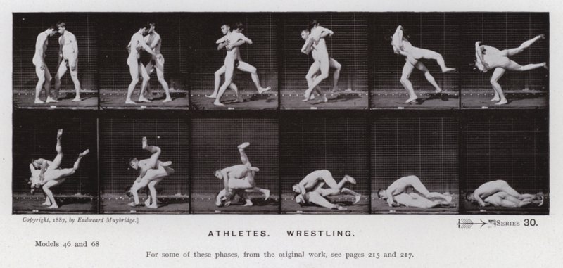 Ihmishahmo liikkeessä: urheilijat, paini (m/v kuva) tekijältä Eadweard Muybridge