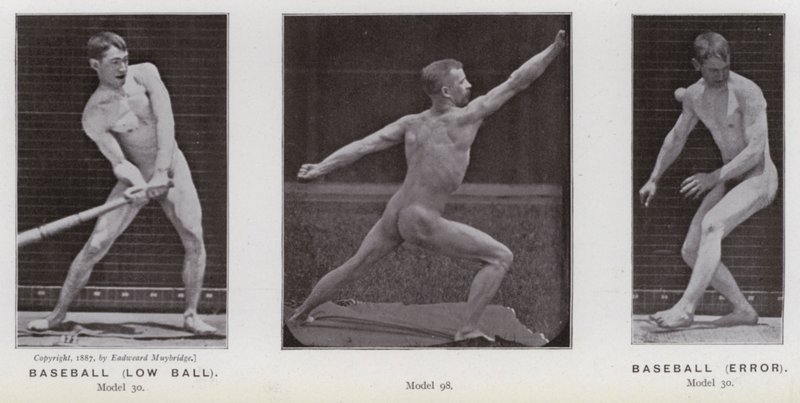 Ihmishahmo liikkeessä: Baseball, matala pallo; Baseball, virhe (m/w kuva) tekijältä Eadweard Muybridge
