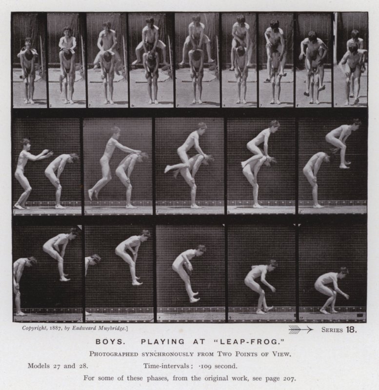 Ihmishahmo liikkeessä: Pojat leikkimässä "Leap-Frogissa" (m/w kuva) tekijältä Eadweard Muybridge