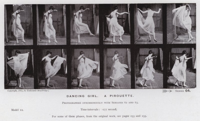 Ihmishahmo liikkeessä: Tanssiva tyttö, piruetti (m/w kuva) tekijältä Eadweard Muybridge