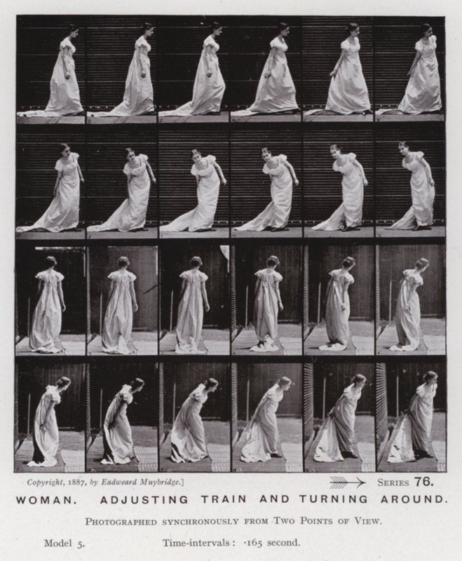 Ihmishahmo liikkeessä: Nainen säätelee junaa ja kääntyy ympäri (m/w kuva) tekijältä Eadweard Muybridge