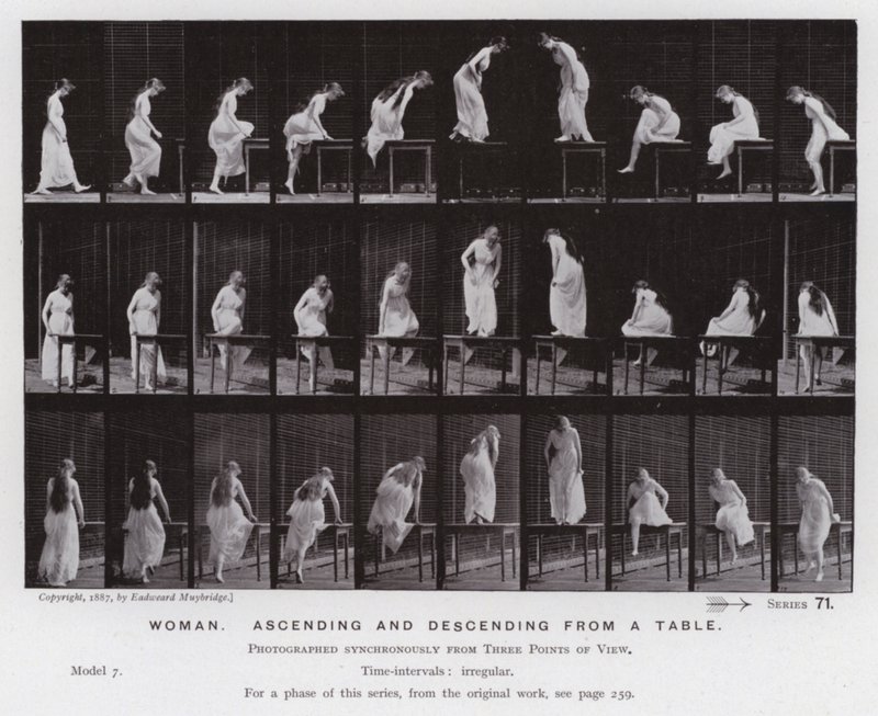 Ihmishahmo liikkeessä: Nainen, nouseva ja laskeva pöydästä (m/v kuva) tekijältä Eadweard Muybridge