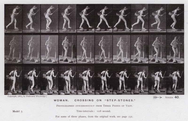 Ihmishahmo liikkeessä: Nainen, ylittäminen "askelkivillä" (m/v kuva) tekijältä Eadweard Muybridge