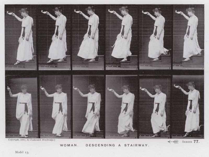 Ihmishahmo liikkeessä: Nainen laskeutumassa portaita pitkin (m/v kuva) tekijältä Eadweard Muybridge