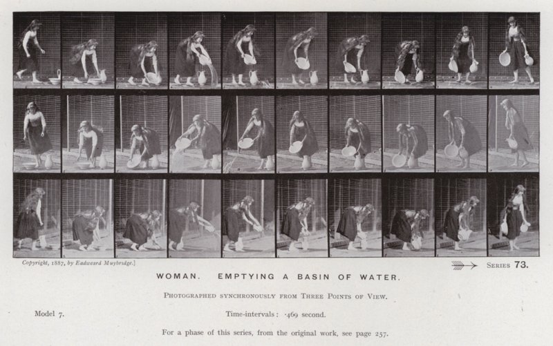 Ihmishahmo liikkeessä: Nainen tyhjentämässä vesialtaan (m/w kuva) tekijältä Eadweard Muybridge