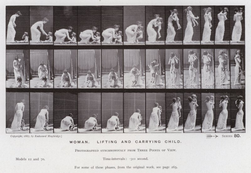Ihmishahmo liikkeessä: Nainen, nostaa ja kantaa lasta (m/v kuva) tekijältä Eadweard Muybridge