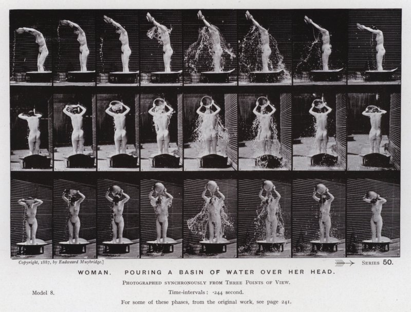 Liikkeessä oleva ihmishahmo: Nainen, vesialtaa päänsä päällä (m/w kuva) tekijältä Eadweard Muybridge