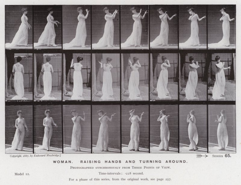 Ihmishahmo liikkeessä: Nainen, nostaa kädet ja kääntyy ympäri (m/w kuva) tekijältä Eadweard Muybridge