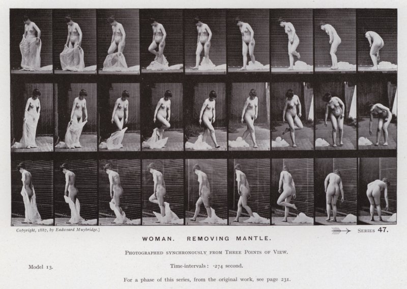 Ihmishahmo liikkeessä: Nainen irrottaa vaippaa (m/v kuva) tekijältä Eadweard Muybridge