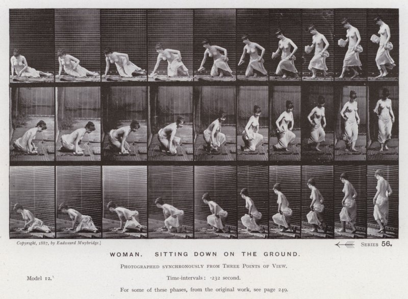 Ihmishahmo liikkeessä: Nainen istumassa maassa (m/v kuva) tekijältä Eadweard Muybridge