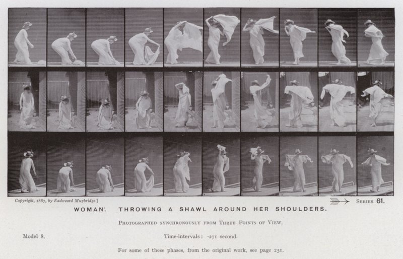 Ihmishahmo liikkeessä: Nainen heittelee huivia hartioilleen (m/w kuva) tekijältä Eadweard Muybridge