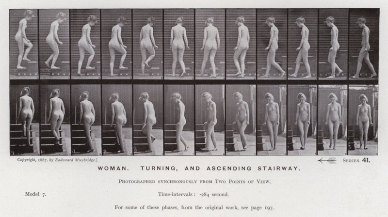 Ihmishahmo liikkeessä: nainen, kääntyvä ja nouseva portaat (m/w kuva) tekijältä Eadweard Muybridge