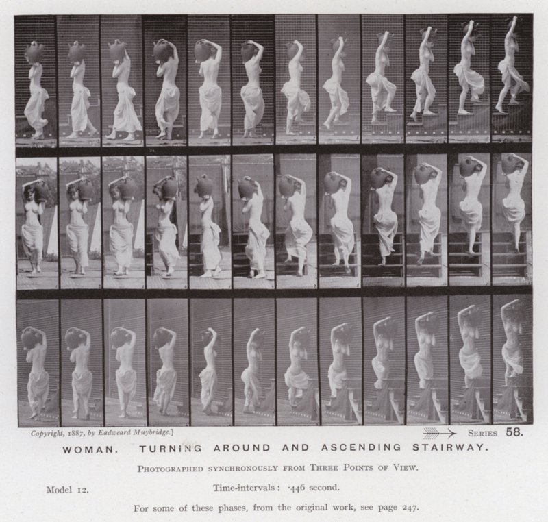 Ihmishahmo liikkeessä: Nainen, kääntyy ympäri ja nousee portaikkoa (m/w kuva) tekijältä Eadweard Muybridge