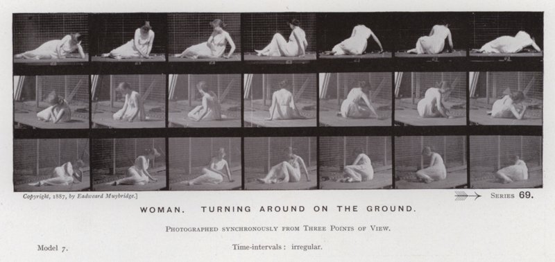 Ihmishahmo liikkeessä: Nainen, kääntyy maassa (m/w kuva) tekijältä Eadweard Muybridge