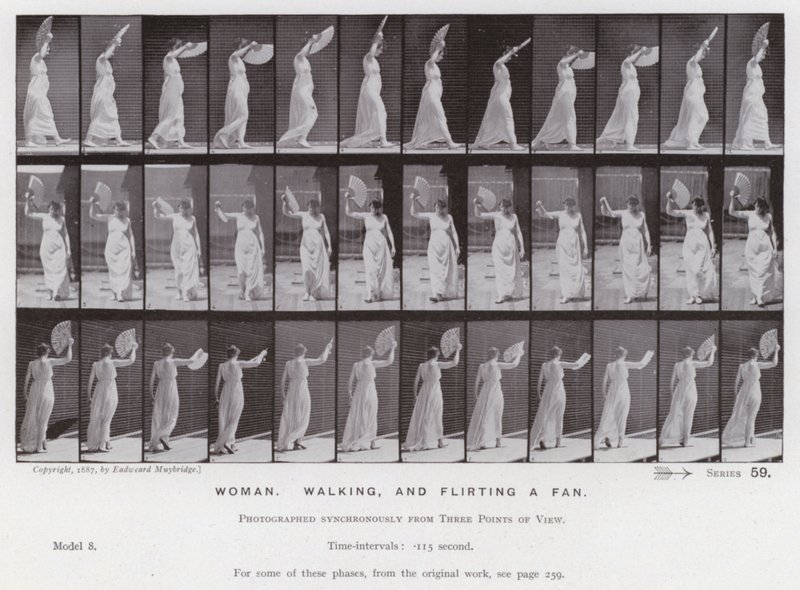 Ihmishahmo liikkeessä: Nainen, kävelee ja flirttailee tuulettimen kanssa (m/w kuva) tekijältä Eadweard Muybridge