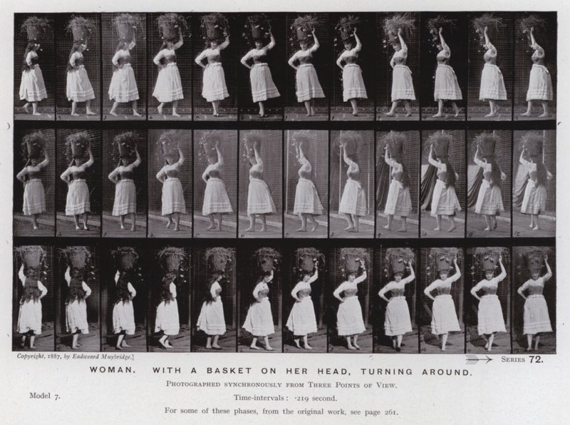 Ihmishahmo liikkeessä: Nainen, kori päässään, kääntyy ympäri (m/w kuva) tekijältä Eadweard Muybridge
