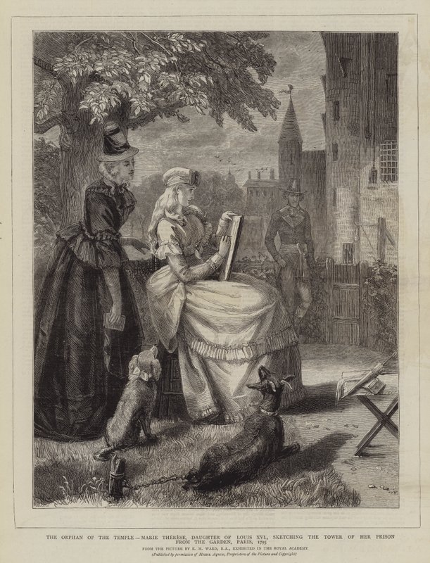 Temppelin orpo, Marie Therese, Ludvig XVI:n tytär, piirtää vankilansa tornia puutarhasta, Pariisi, 1795 tekijältä Edgar Melville Ward