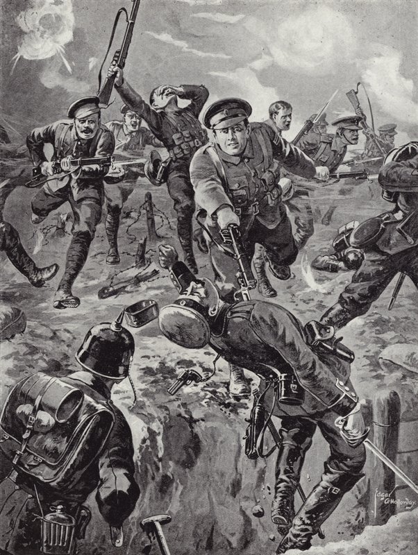 Alikersantti Joseph Davies ja kahdeksan miestä reititti bajoneteilla ryhmä saksalaisia, jotka olivat aiemmin piirittäneet heidät, Delville Wood, Ranska, 20. heinäkuuta 1916 tekijältä Edgar Alfred Holloway