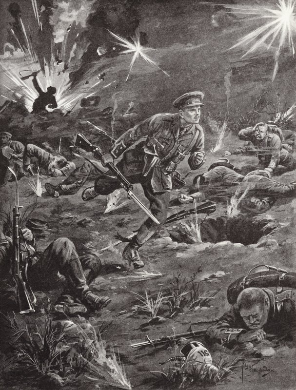 Luutnantti Benjamin Geary kiirehtimässä raskaan tulipalon alla kaivantoon kukkulan 60 oikealla puolella saadakseen yhteyden upseeriin, Ypres, Belgia, huhtikuu 1915 tekijältä Edgar Alfred Holloway