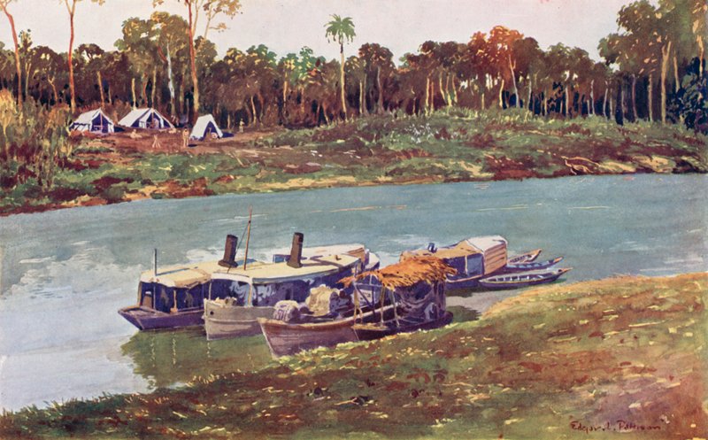 Sotilasleiri Ylä-Amazonin ulottuvilla, kolmetuhatta mailia merestä (väri litho) tekijältä Edgar L. Pattison
