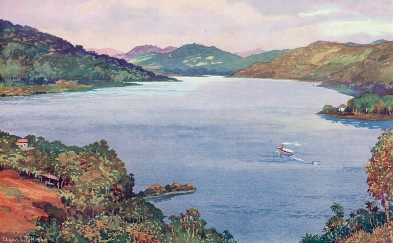 Vilaus Ribeirao das Lajesin suuresta tekojärvestä, jonka on rakentanut Rio de Janeiron raitiovaunu, Light and Power Company (väri litho) tekijältä Edgar L. Pattison