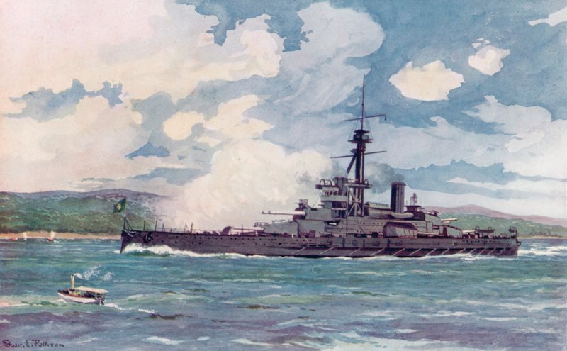 Brasilian superdreadnought "Minas Geraes" lähestyy Rioa (väri litho) tekijältä Edgar L. Pattison