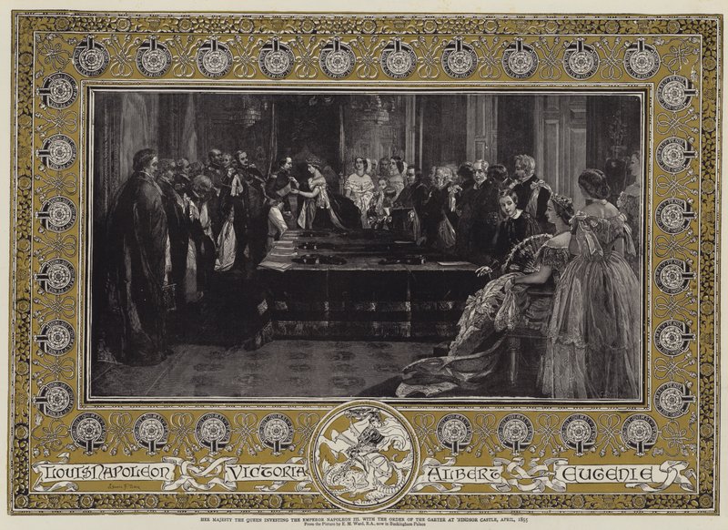 Hänen Majesteettinsa Kuningatar sijoitti keisari Napoleon III:lle sukkanauharitarikunnan Windsorin linnassa huhtikuussa 1855 tekijältä Edgar Melville Ward