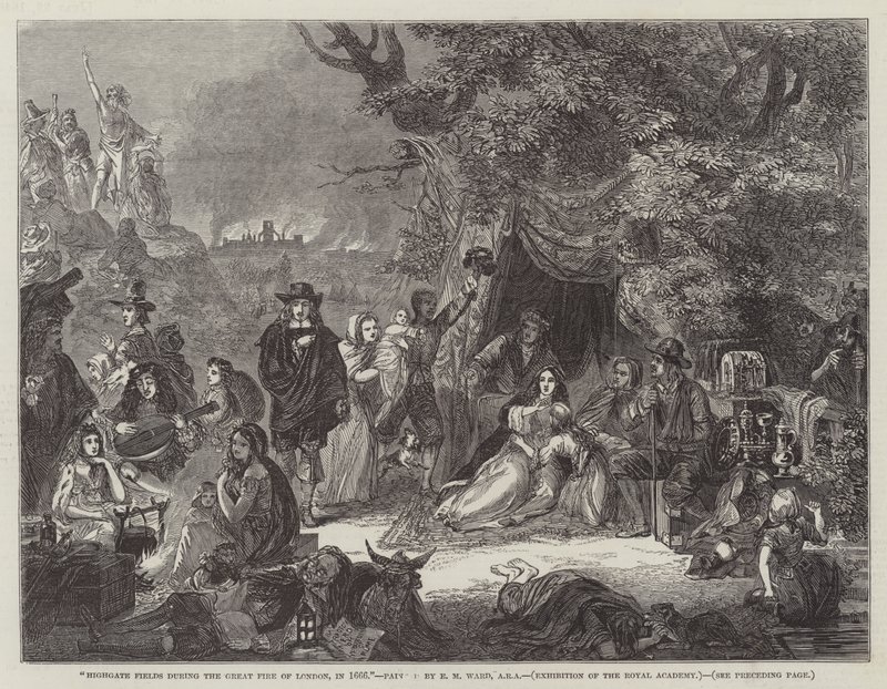 Highgate Fields Lontoon suuren tulipalon aikana vuonna 1666 tekijältä Edgar Melville Ward