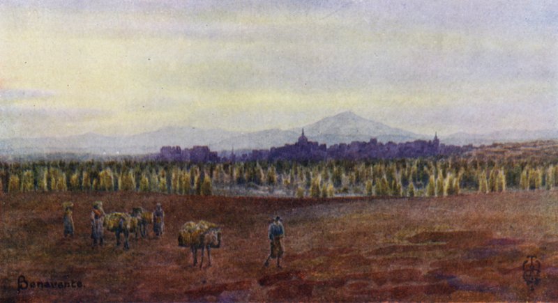 Pohjois-Espanja: Benavente, Castro Gonzalon sillan ylhäältä (väri litho) tekijältä Edgar T. A. Wigram