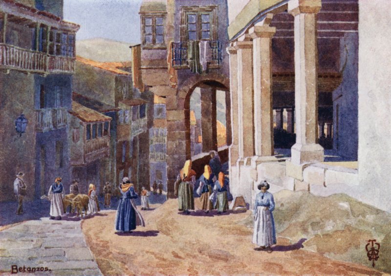 Pohjois-Espanja: Betanzos, A Colonnaded Calle (väri litho) tekijältä Edgar T. A. Wigram