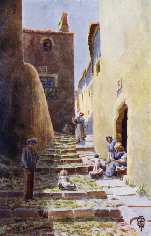 Pohjois-Espanja: Caceres, Calle de la Cuesta de Aldana (väri litho) tekijältä Edgar T. A. Wigram