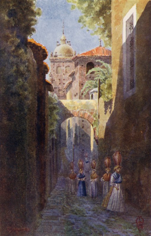 Pohjois-Espanja: Caceres, Vanhankaupungin muurien sisällä (väri litho) tekijältä Edgar T. A. Wigram