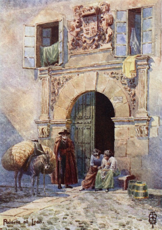 Pohjois-Espanja: Leon, vanha palatsin oviaukko (väri litho) tekijältä Edgar T. A. Wigram