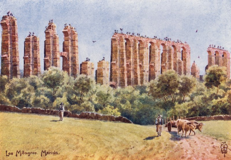 Pohjois-Espanja: Merida, "Los Milagros", Suuren akveduktin rauniot (väri litho) tekijältä Edgar T. A. Wigram