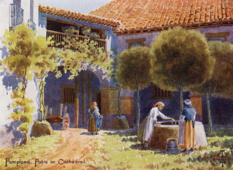 Pohjois-Espanja: Pamplona, Patio lähellä katedraalia (väri litho) tekijältä Edgar T. A. Wigram