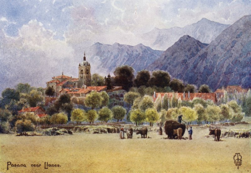 Pohjois-Espanja: Pasana, Asturian vuoristokylä (väri litho) tekijältä Edgar T. A. Wigram